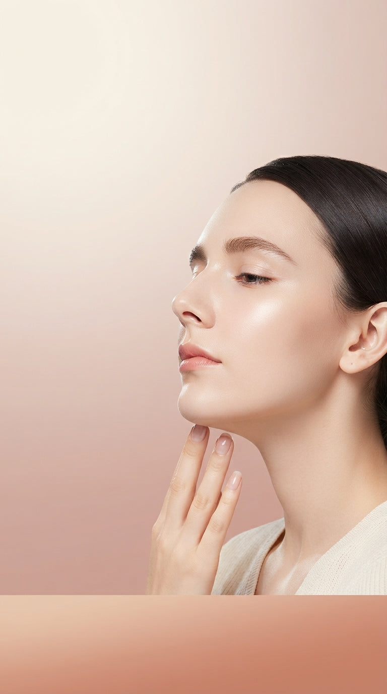 A smiling woman with clear, glowing skin in a soft, bright, minimalist studio setting with blush and cream tones.